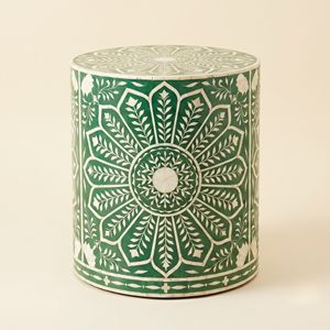 Mesa de Noche Redonda Hecha a Mano con Incrustaciones de Hueso Verde, Mueble de Dormitorio de Lujo, Diseño Personalizado, Muebles Artesanales Indios - Product Image 1
