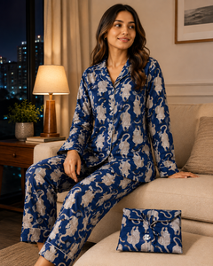 Ensemble de pyjama d'été pour femmes, en coton doux et écologique, imprimé chat bleu, chemise boutonnée et pantalon assorti, ensemble de détente - Product Image 6