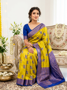Sari de seda amarillo y azul para mujer con borde morado, traje tradicional de boda para India y Pakistán - Product Image 4