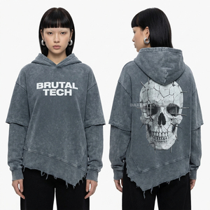 Custom Women Brutal <b>Tech</b> Graphic Hoodie Oversized Charcoal Acid <b>Wash</b> Pullover Streetwear Vintage Distressed Hem Layered Sleeve - Product Image 1