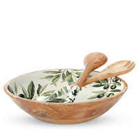 Grote Handgemaakte Mango Hout Slakom Met Emaille Print Houten Kom Voor Het Serveren Van Eco-Vriendelijke Hot Selling Product Groothandel Aanbiedingen
