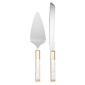 Stainless Steel Cake Server Set 2-Piece Knife And Spatula With Gold Floral Handle - Product Image 3
