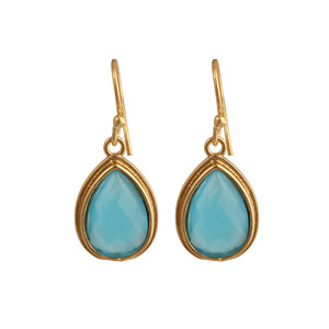 Boucles d'oreilles pendantes en calcédoine aqua faites à la main, plaquées or 18 carats, avec crochet délicat, bijoux pour anniversaire et mariage - Product Image 4