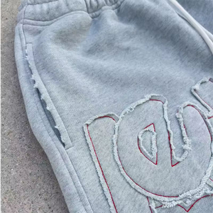 Custom French Terry Y2K Grunge Raw Edge Applique Letter Eye Cutout <b>Red</b> Heart Patch <b>Mens</b> Sweat <b>Shorts</b> Clothing Manufacturer - Product Image 4