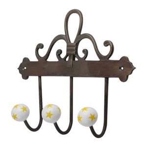 Decorative Cast Iron Coat and <b>Hat</b> <b>Rack</b> with Yellow Star Print Ceramic Knob Ends - 3 Hook Wall Mounted Organizer for Kids Room - Product Image 1