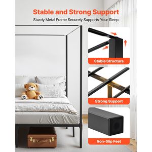 Letto a baldacchino King Size in metallo con quattro postelli, stazione di ricarica, doghe in acciaio resistente e supporto inferiore rinforzato - Product Image 4