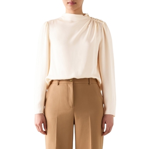 Blusa crema elegante para mujer, manga larga, cuello redondo sólido, ropa de oficina - Product Image 1