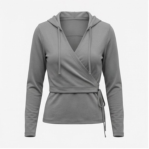 Women's Gray Long Sleeve Hooded <b>Wrap</b> <b>Top</b> With Drawstring Closure And Self-Tie Waist Solid Color <b>Yoga</b> Wear - Product Image 2