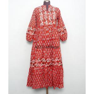 Vestido Maxi de Manga Corta con Cuello en V, 100% Algodón Hecho a Mano, Estampado Floral, Estilo Y2K, Casual, Ecológico, Transpirable, para Uso Diario - Product Image 1