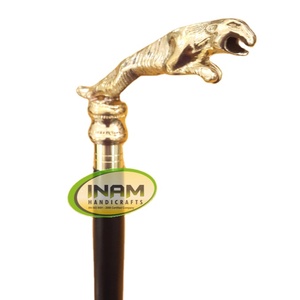 Canne de marche en bois avec poignée en laiton en forme de tête de jaguar et manche brun foncé |   Canne de marche décorative à motif animal, style vintage, cadeaux - Product Image 1
