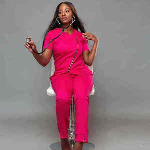 Ensemble de blouses médicales pour femmes, coupe ajustée, avec logo personnalisé, pantalon jogger extensible, uniforme d'infirmière, fermeture éclair, col en V, tenue de travail pour hôpital, médecin - Product Image 4