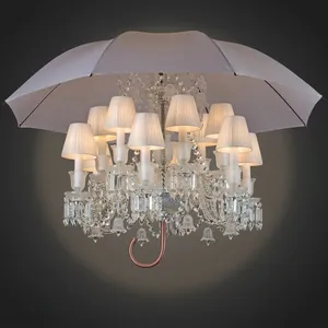 Lustre en cristal importé à 18 lumières, au design original, avec abat-jour plissés blancs en forme de parapluie et poignée en cuivre, décoration artistique excentrique - Product Image 6