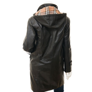 Custom Women's Genuine <b>Leather</b> Hooded <b>Jacket</b> Full Sleeve Solid Color Horn Button Closure <b>Long</b> Length Autumn Wear Utility Style - Product Image 2