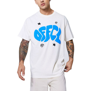 Men's White Short Sleeve <b>T</b>-<b>Shirt</b> With Blue Letter Print Regular Fit Casual Jersey Cotton O-Neck Design - Product Image 1
