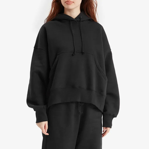 Custom Made Fashion <b>Women</b> Loose Fit Black Fleece Breathable <b>Hoodie</b> with Drawstrings and Ribbed Hem Winter Workout Hoodies - Product Image 1