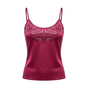 Elegant Women's Silk Satin Camisole Spaghetti Strap <b>Beaded</b> Embroidered Scoop Neck <b>Top</b> Solid Color Nightwear - Product Image 1