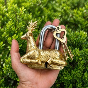 Gold Antique Brass <b>Padlock</b> with Deer Shaped Vintage Style Spiritual Safety Lock Decorative Collectible for Home Temple Gift Use - Product Image 5