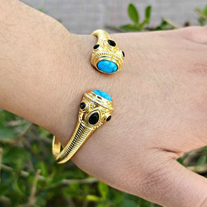 Boho fashion jewelry blue turquoise <b>stone</b> open cuff <b>bracelet</b> with tiny black quartz 18k gold plated designer party wear bangle - Product Image 1