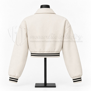 <b>Women</b> Cropped <b>Varsity</b> <b>Jacket</b> White <b>Bomber</b> <b>Jacket</b> Striped Rib Knit Cuff Streetwear Fashion <b>Jacket</b> - Product Image 2