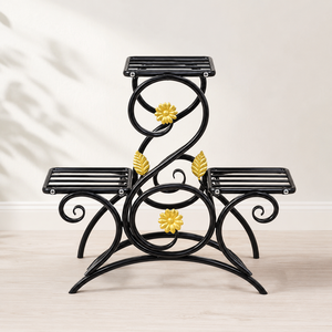 Black Metal 3 Tier Decorative <b>Plant</b> Stand with Gold Flower Accents Indoor Flower Pot Rack for Home Garden Display Holder - Product Image 5