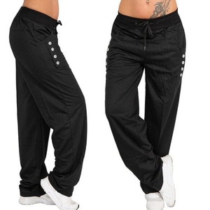 High Waist Loose Fit Harem Pants With Button Detail Drawstring Closure Full Length Solid Color Casual Women's Knitted Pants - Product Image 3