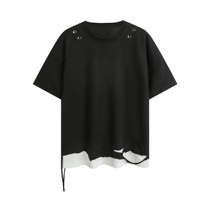 New American Style Retro Fake-Two-Piece Ripped Short Sleeve T-<b>Shirt</b> Men High Street Trendy Brand Oversized Irregular Design Top - Product Image 6