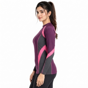 Lightweight Sports Jersey Fabric Comfortable Crew Neck Flexible Sleeve Movement Moisture Wicking <b>Women</b> <b>Rash</b> <b>Guard</b> Made - Product Image 4