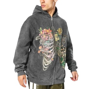 Sweat à capuche zippé unisexe oversize style streetwear hip-hop, en molleton épais 100% coton, doublure polaire, couleur unie, épaules tombantes - Product Image 2