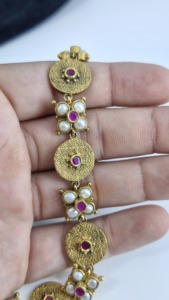 925 Sterling <b>Silver</b> 18K Gold Plated Antique Textured Disc <b>Choker</b> • Premium Ruby Pearl Floral Link Statement Necklace • Luxury Tr - Product Image 2