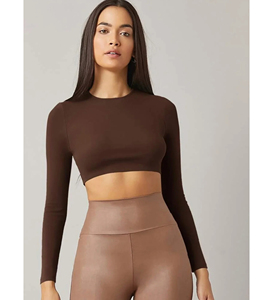 Haut court marron à manches longues pour femme, col rond, couleur unie, coupe minimaliste, tricoté en Spandex et Nylon, séchage rapide, toutes saisons - Product Image 4