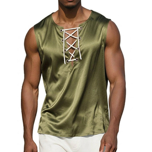 Custom Logo Men's Satin Lace Up V-Neck Tank Tops Silk Finish Sleeveless Summer <b>Vest</b> Wholesale Bulk Supplier Tank Tops For Men - Product Image 6