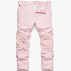 Jean en denim déchiré décontracté pour homme, taille haute, uni, respirant, coupe évasée ajustée, effet usé - Product Image 1