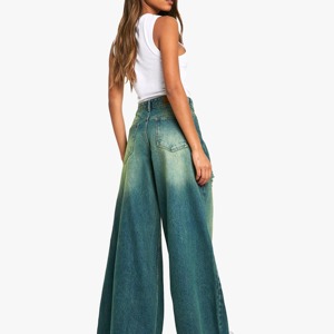 Jean en denim pour femme, taille mi-haute, coupe ample, couleur unie, délavé, jambe large, pour l'hiver, style streetwear tendance, confortable, décontracté, séchage rapide - Product Image 1