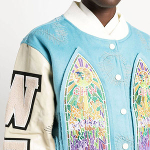 Men's Pink Varsity <b>Jacket</b> With Embroidered Stained Glass Design And Letter Sleeve Patch Streetwear Style Autumn Wear - Product Image 6