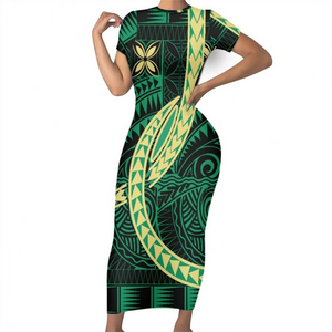 Robe moulante d'été élégante pour femmes, motif floral tribal samoan vert Tapa, tissus polynésiens, collection 2026 - Product Image 3