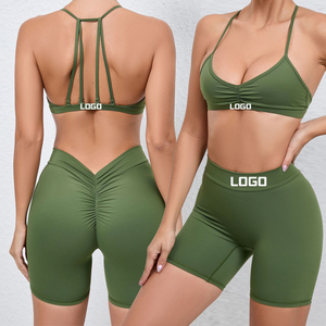 Ensemble de yoga 2 pièces pour femme, short taille haute froncé à bretelles croisées, blanc uni, tenue de fitness - Product Image 6