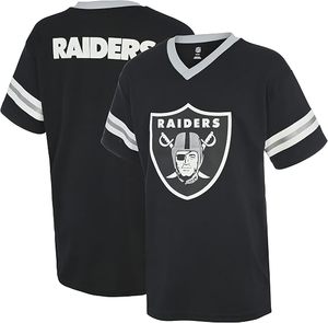 <b>Raiders</b> Black V-Neck <b>T</b>-<b>Shirt</b> with White Logo and Sleeve Stripes Neck style V-Neck Sleeve Short - Product Image 1