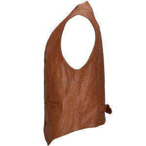 Men's <b>Brown</b> Genuine Leather V-neck <b>Vest</b> Casual Outerwear With Front Pocket Belt Closure - Product Image 1