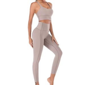 Women's Seamless High Waist Full Length Leggings Solid Gray Four-Way Stretch Yoga Set Racerback <b>Crop</b> <b>Top</b> 2 Piece - Product Image 1