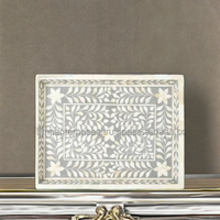 Nampan Sajian Multifungsi Persegi Panjang Motif Bunga Bohemian Vintage dengan Inlay Tulang, Ukuran Besar Hitam Putih untuk Dekorasi Rumah Diwali