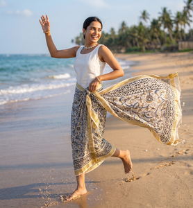 Golden Jari Border Hand Block Print Cotton <b>Sarong</b> Pareo Soft Floral Beach Wrap Indian Handmade <b>Bikini</b> Cover Up Custom Logo - Product Image 6