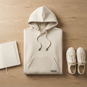 Sudadera con Capucha Personalizada con Textura Crema para Hombre, Sudadera con Bolsillo Canguro y Logotipo en Etiqueta, Estilo Urbano - Product Image 2