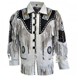 Men's Western <b>Leather</b> <b>Jacket</b> With Fringe And Embroidery Vintage Style Turn-down Collar Regular Fit Autum - Product Image 2