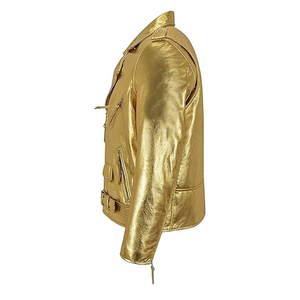 Golden PU Leather Men's Moto Biker <b>Jacket</b> Turn-down Collar Zipper Closure Slim Fit Regular Length Autumn Style - Product Image 1