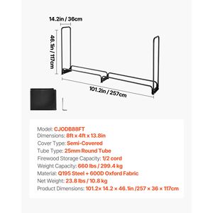 8 ft Outdoor Firewood <b>Rack</b> with Waterproof Cover 1/2 Cord Storage Metal <b>Log</b> Holder 660lb Max Weight Capacity Storage Product - Product Image 3
