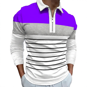 Polo à manches longues en tricot pour homme, à blocs de couleur, rayé, avec fermeture éclair, haut décontracté - Product Image 4