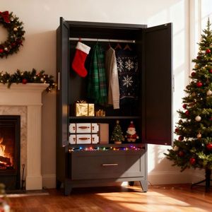 60\" <b>Tall</b> Metal Wardrobe <b>Cabinet</b> for Home Office 1 Drawer & Hanging Rod 2 Door Closet with Shelf for Bedroom Office Laundry - Product Image 2