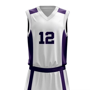 Ensemble d'uniformes de basket-ball personnalisables blanc et violet, col en V, sans manches, respirant, en polyester, maillot d'équipe adulte avec numéro 12 - Product Image 4