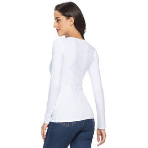 T-shirt à manches longues col en V blanc pour femme, 100% coton tricoté, couleur unie, respirant, coupe ajustée, toutes saisons - Product Image 4