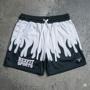 Shorts de sport personnalisés REXFIT SPORTS, design imprimé flamme, en mesh respirant pour hommes et garçons, pour entraînement de basketball et fitness. - Product Image 1